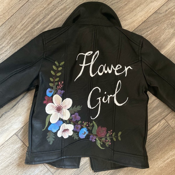 Flowergirl bridesmaid leather/ faux leather jacket. Custom personalised hand painted girls jacket. Wedding.