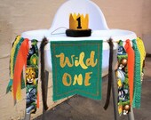 Jungle Safari animals highchair Banner high chair garland Cake Smash Party Decor Wild one 1 wild thing animal party hat crown green orange