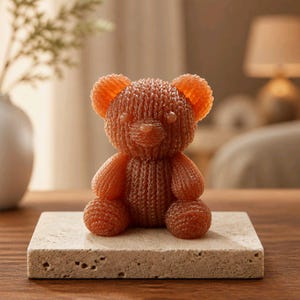 May include: A brown bear-shaped candle with a textured, knit-like surface pattern. The bear is seated in an upright position with rounded ears, a small snout, and smooth, circular eyes. It is placed on a rectangular, porous beige stone base.