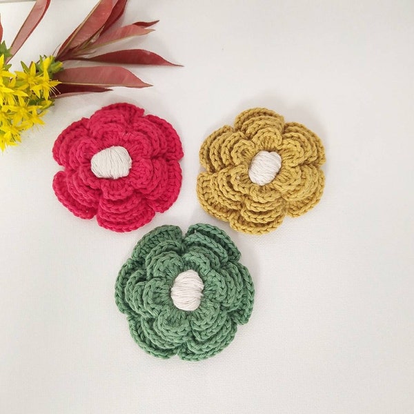 Fleurs crochet, fleurs coton, lot 3 fleurs, fleurs customisation, fleur safran, fleur rose, fleur fait main, hand made flowers, déco fleurs