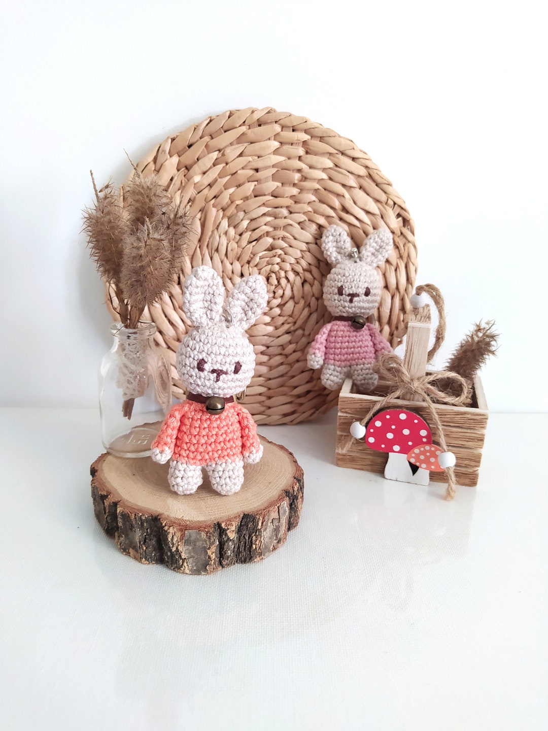 Handmade Crochet Rabbit Key Ring, Miniature Amigurumi Rabbit, Bag Key