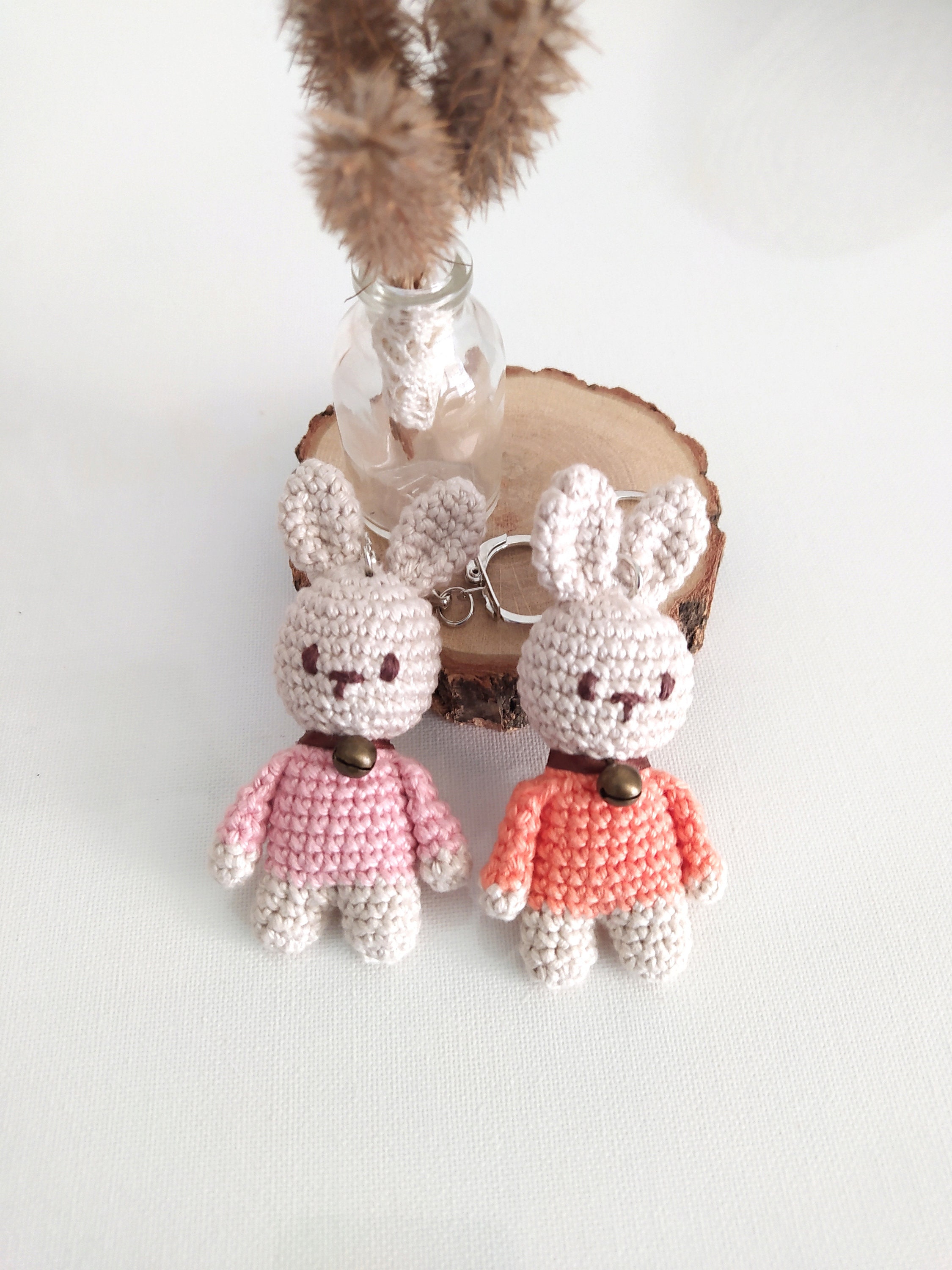 Handmade Crochet Rabbit Key Ring, Miniature Amigurumi Rabbit, Bag Key