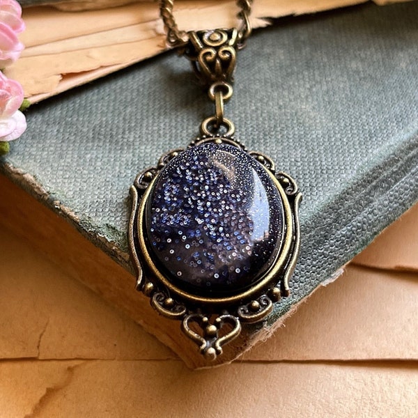 Blue Goldstone Necklace, Sparkling Midnight Blue Galaxy Pendant, Dainty Bronze Filigree, Bohemian Israeli Jewelry Gift Boxed