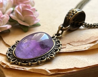 Amethyst Necklace, Fine Bronze Filigree, Dainty Pendant, Healing Gemstone for Protection & Fertility, Bohemian Israeli Jewelry, Gift Boxed