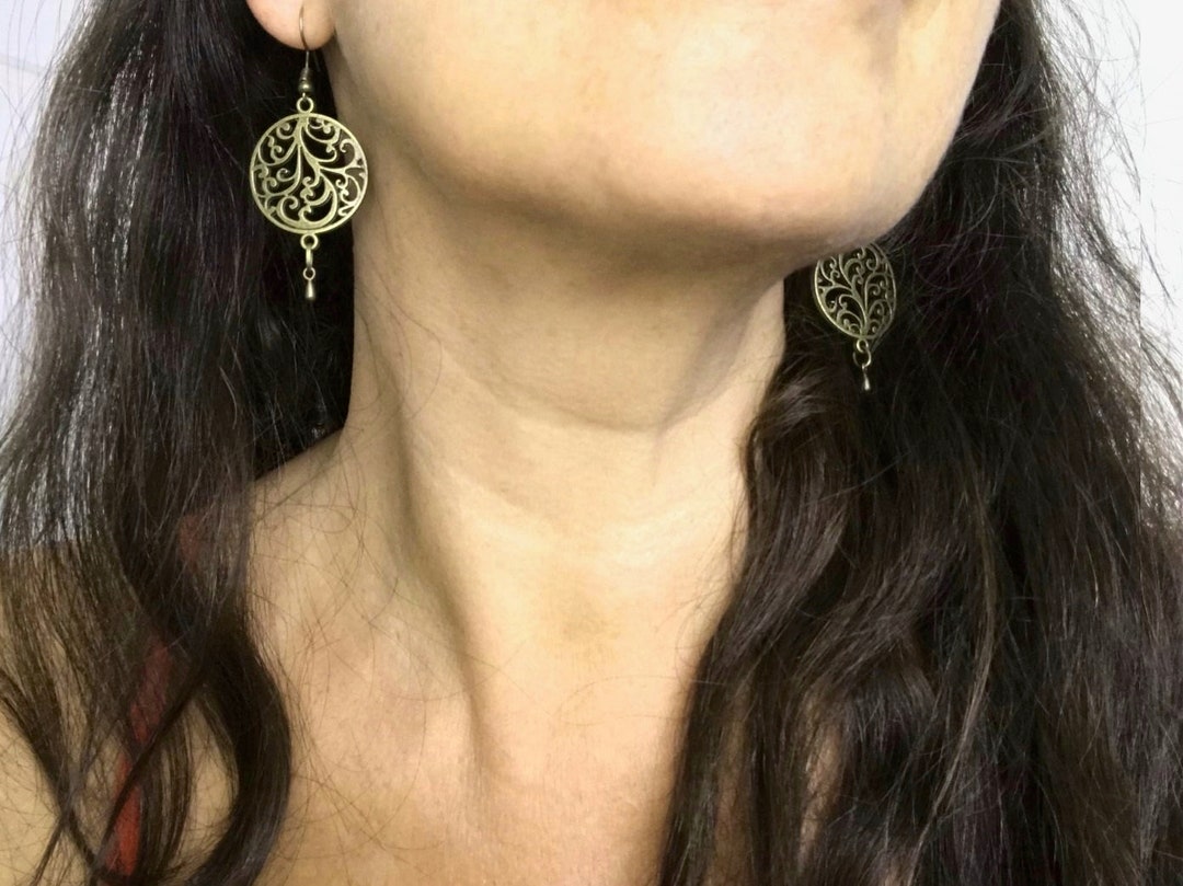 Mandala Earrings Bohemian Filigree, Bronze Boho Ethnic Dangle Earrings