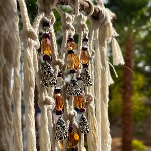 Amber Crystal Sparkling Suncatcher with Silver Indian Bells, Cobweb Macrame, Desert Driftwood, Bohemian Decor, Natural Handcrafted