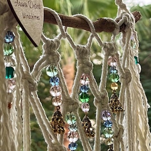 Suncatcher Sparkling Brilliant Crystals & Golden Indian Jhumka Bells, Macrame Driftwood Windchime  Bohemian Decor Natural Handcrafted
