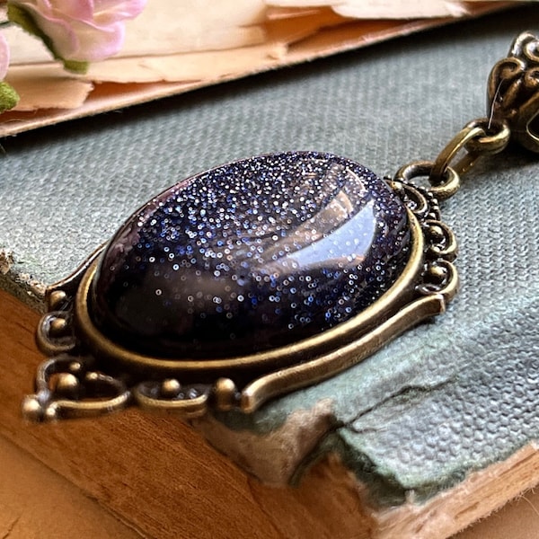 Blue Goldstone Necklace Sparkling Midnight Blue Galaxy for Happy Mind, Vitality, Positivity, Bronze Filigree, Bohemian Jewelry, Gift Boxed