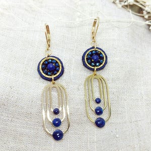 Orecchini ricamati blu e oro | Gioielli Art Déco retrò | Acciaio inossidabile | Design Crazyaya