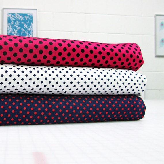 Red Dots on Navy Blue Cotton Spandex Blend Knit Fabric