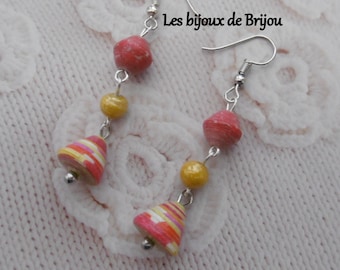 Boucles d'oreilles, perles papier, métal argenté, rouge, jaune