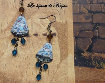Boucles d'oreilles romantiques en métal émaillé, perles en verre de bohème facetté, bleu, cuivré,  noir