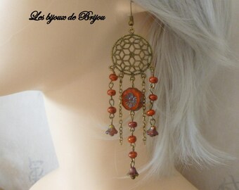 Longues boucles d'oreilles  boho chic en métal bronze et perles tchèques