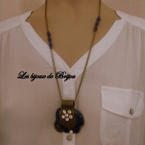 Elephant pendant necklace lacquered metal navy blue and bronze metal