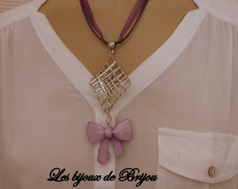 Collier, court, pendentif, noeud rose, violet, argenté, romantique