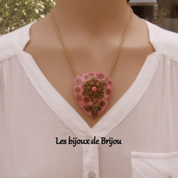 Collier symétrique, pâte polymère, fleuri, rose, bronze, fleur, éléphant, métal bronze