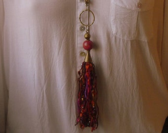 Bead Necklace boho chic tassel House, pink and bronze wood