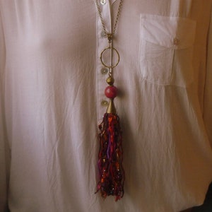 Halskette Kette Boho chic, Pompon fertig Haus, Pearl Pink und Bronze Holz
