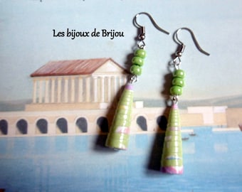 Boucles d'oreilles, originales, perles papier, grosses perles rocailles, vert anis, rose, argenté