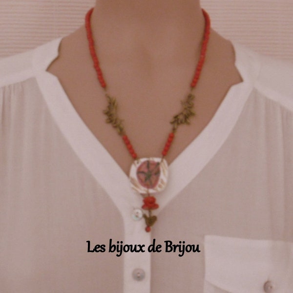 Collier mi-long, pâte polymère, os cinabre,rouge, beige, bronze, feuilles, fleur, oiseaux