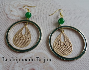 elegant emerald green and gold metal hoop earrings