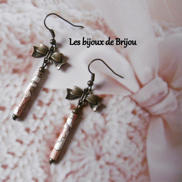 Boucles d'oreilles romantiques, longues, perles en papier, noeud, métal bronze, orange