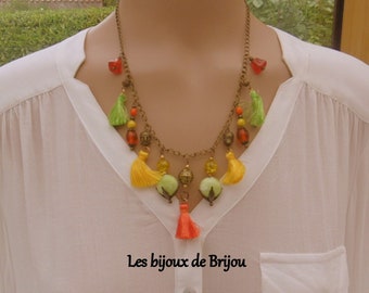 Collier, court, bohème, chic, pompon, perles, bronze, jaune, orange, vert