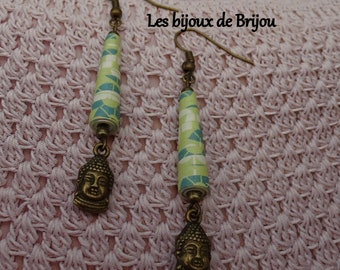 Boucles d'oreilles, originales, perles papier, pendentif Boudha, ver, vert anis et bronze