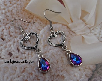 Boucles d'oreilles coeur et pendant goutte brillant bleu/rose