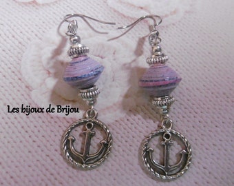 Boucles d'oreilles, perles papier, ancre marine, perles métal argenté, violet, argenté