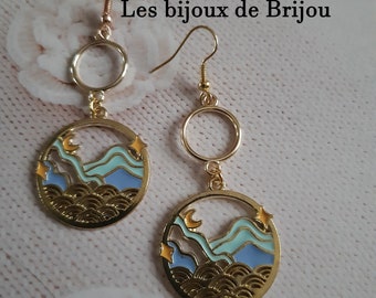 Boucles d'oreilles longues, estampes, perles et pics