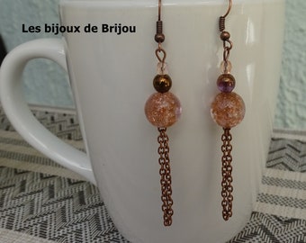 Elegantes pendientes largos de metal de cobre y cuentas de vidrio estilo murano rosa y cobre