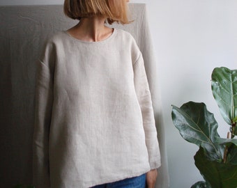 Undyed linen top. Lithuanian linen top for women. Natural flax linen blouse. Relaxed linen shirt.