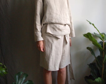 Natural linen Thai Fisherman shorts for men and women. Lithuanian linen Fisherman shorts. Undyed linen wrap shorts.