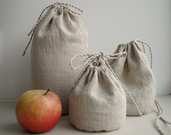 Pure linen storage bags. Undyed linen storage bag. Lithuanian linen zero waste bag. Handsewn flax linen groceries bags, set of 3.