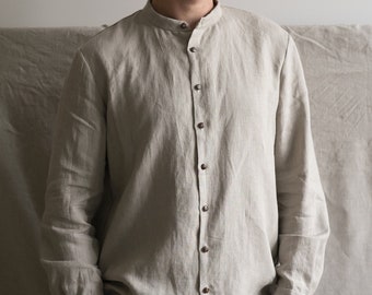 Flax linen men's shirt. Band collar shirt for men. Lithuanian linen men's shirt. Collarless undyed linen shirt. Handsewn men's shirt.