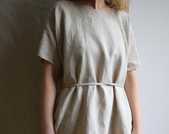 Lithuanian linen handsewn dress. Undyed linen kimono dress. Natural linen women's dress.