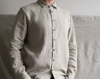 Lithuanian linen shirt for men. Undyed linen men's shirt. Handsewn flax linen shirt. Pure linen shirt.