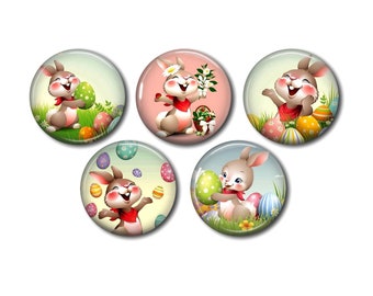 Cabochons résine 25 mm ou 20 mm au choix, lot de 5, rond, à coller - Lapin Pâques Oeuf Fleur 01