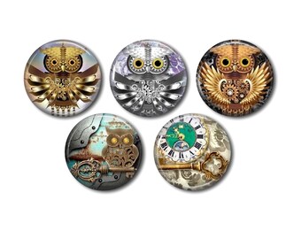 Cabochons résine 25mm ou 20 mm au choix,à coller, rond, lot de 5, Steampunk 01 Hibou