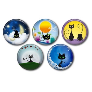 Cabochons résine 25mm ou 20mm lot de 5 au choix, rond, à coller - Chat sous la lune 02