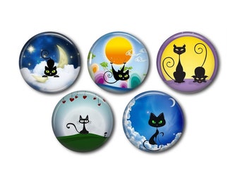 Resin cabochons 25mm or 20mm set of 5 of your choice, round, to stick - Cat under the moon 02