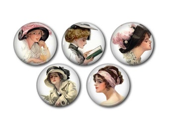 Cabochons résine 25mm ou 20mm lot de 5 au choix, rond, à coller - Femme Lady Vintage  02