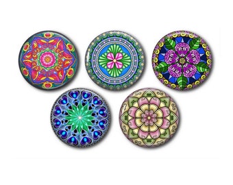 Cabochons résine 25mm ou 20mm lot de 5 au choix, rond, à coller - Mandala, kaléidoscope 02