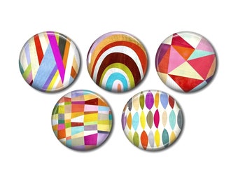 Lot 5 cabochons résine rond, à coller, au choix 20 ou 25 mm Motif Graphique Abstrait Multicolore