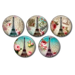 Cabochons résine 25mm ou 20mm au choix, lot de 5 , rond, à coller - Paris Tour Eiffel Vintage 05