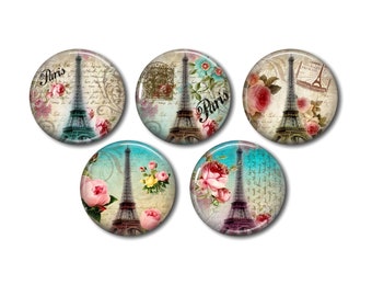 Cabochons résine 25mm ou 20mm au choix, lot de 5 , rond, à coller - Paris Tour Eiffel Vintage 05