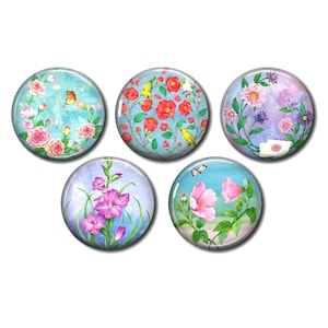Cabochons résine, 25 ou 20 mm au choix, à coller, rond, lot de 5, Fleur Bouquet Aquarelle Pastel