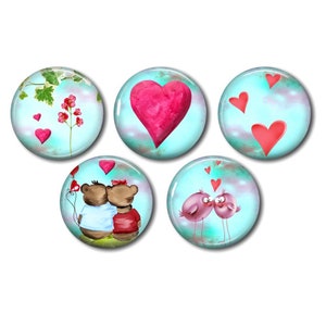 Cabochons résine 25mm ou 20mm lot de 5 au choix, rond, à coller - Coeur Turquoise Fuchsia