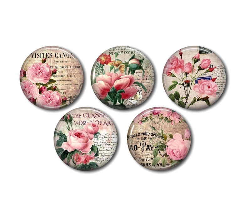 Cabochons résine, 25 ou 20 mm au choix, à coller, rond, lot de 5, Fleur Rose Vintage image 1